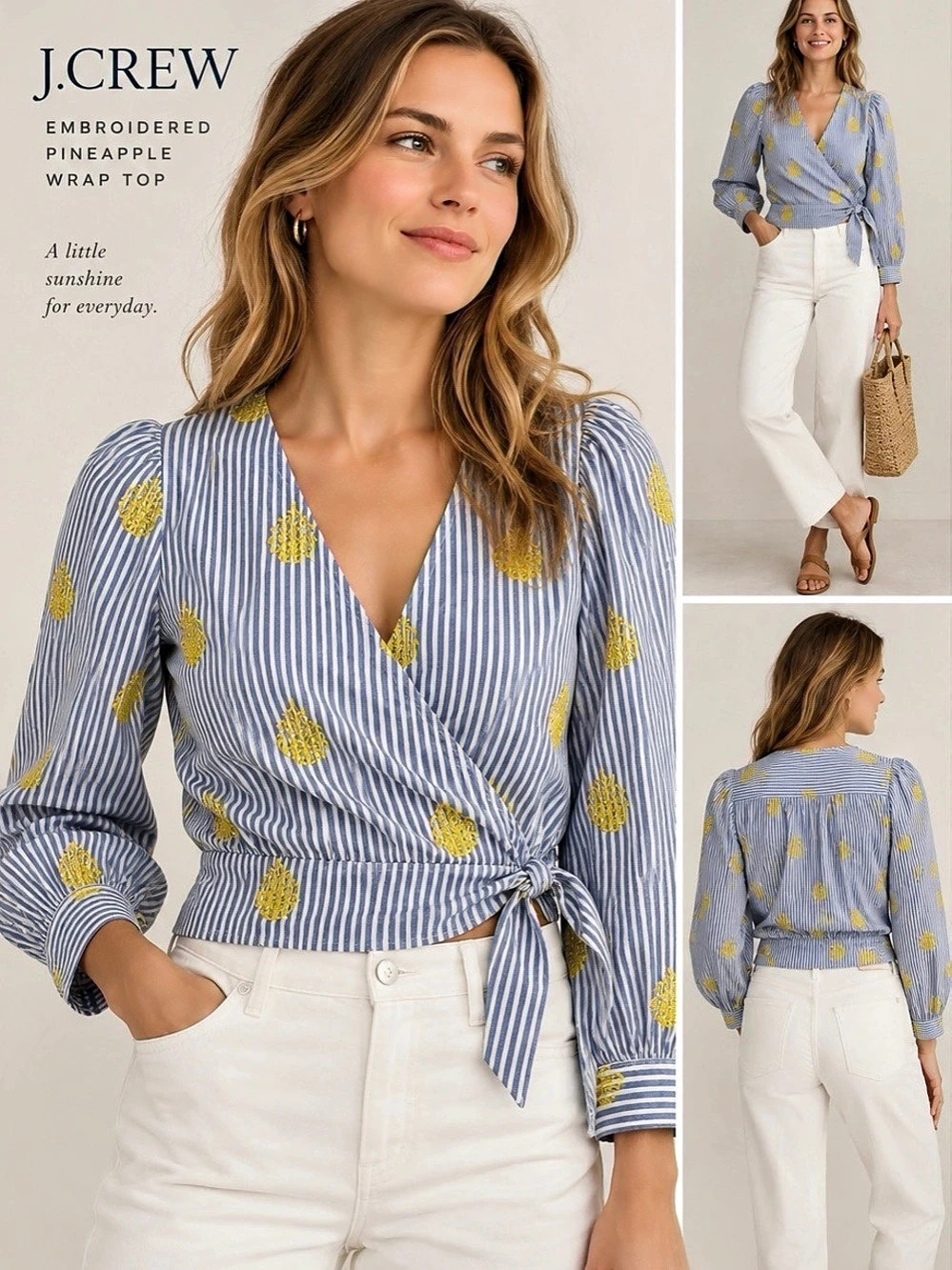 J.Crew Embroidered Pineapple Striped Cotton Wrap Top Blue Yellow Small EUC